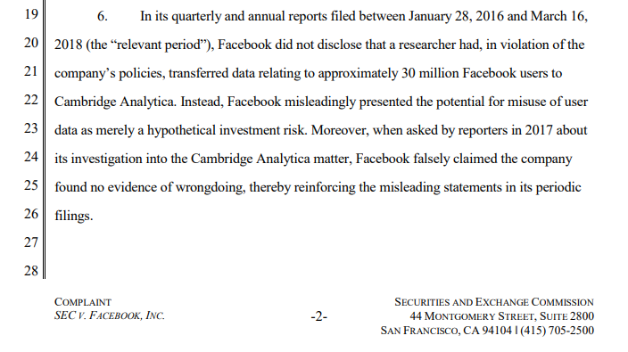 In its quarterly and annual reports filed between January 28, 2016 and March 16, 2018 (the “relevant period”), Facebook did not disclose that a researcher had, in violation of the company’s policies, transferred data relating to approximately 30 million Facebook users to Cambridge Analytica. Instead, Facebook misleadingly presented the potential for misuse of user data as merely a hypothetical investment risk. Moreover, when asked by reporters in 2017 about its investigation into the Cambridge Analytica matter, Facebook falsely claimed the company found no evidence of wrongdoing, thereby reinforcing the misleading statements in its periodic filings.