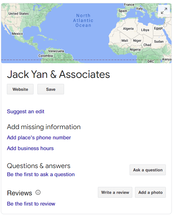 Google My Business listing for Jack Yan & Associates
