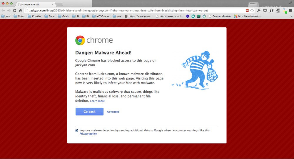 Of course Google’s Chrome blocks this site, too, over false accusations