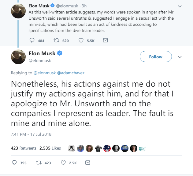 Musk apologies to Unsworth, only because teacher told him to