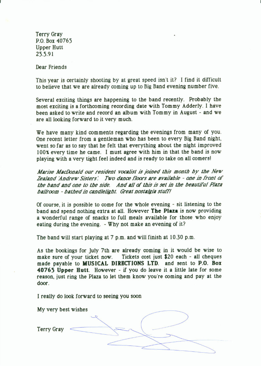 A letter from composer Terry Gray, 1991
