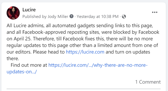 All Lucire admins, all automated gadgets sending links to this page, and all Facebook-approved reposting sites, were blocked by Facebook on April 25. Therefore, till Facebook fixes this, there will be no more regular updates to this page other than a limited amount from one of our editors.