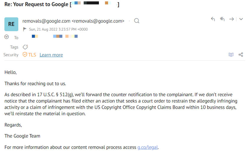 Google finally responds to our first counter-notification