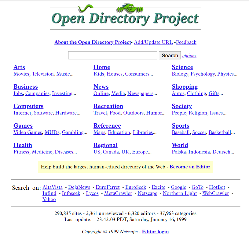 Open Directory Project 1999 home page