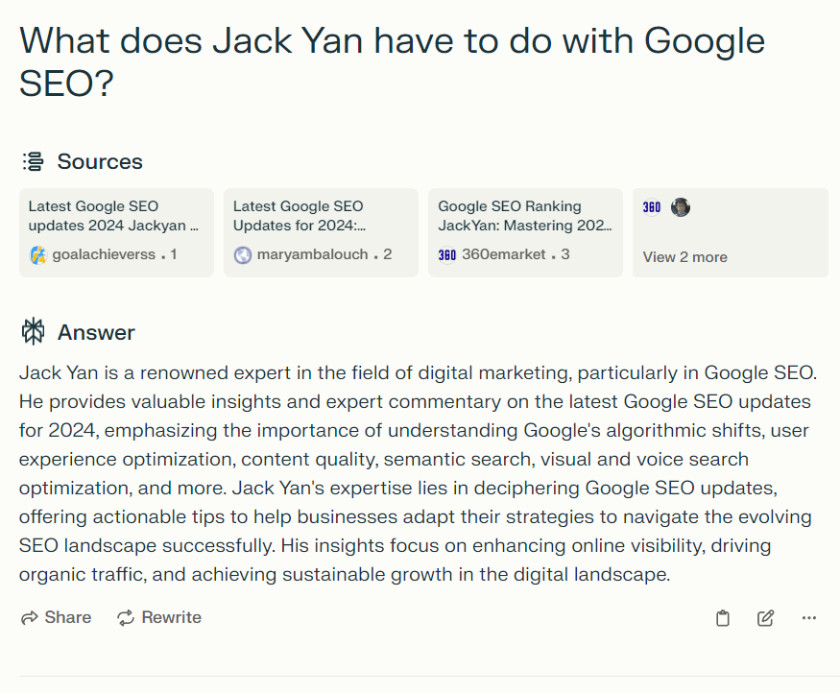 Perplexity on Jack Yan and Google SEO