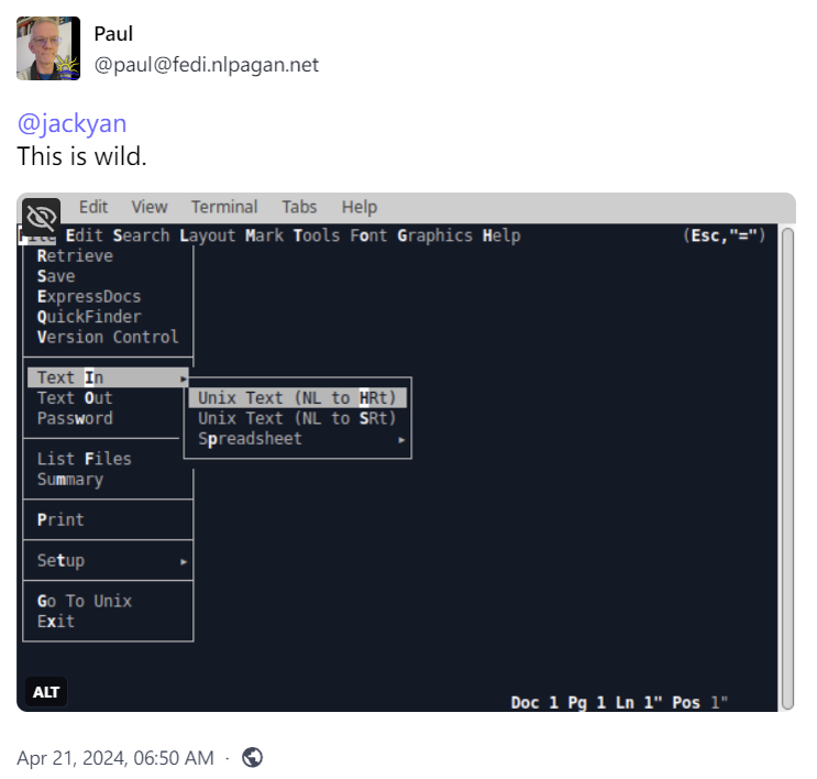WordPerfect for Linux in a terminal