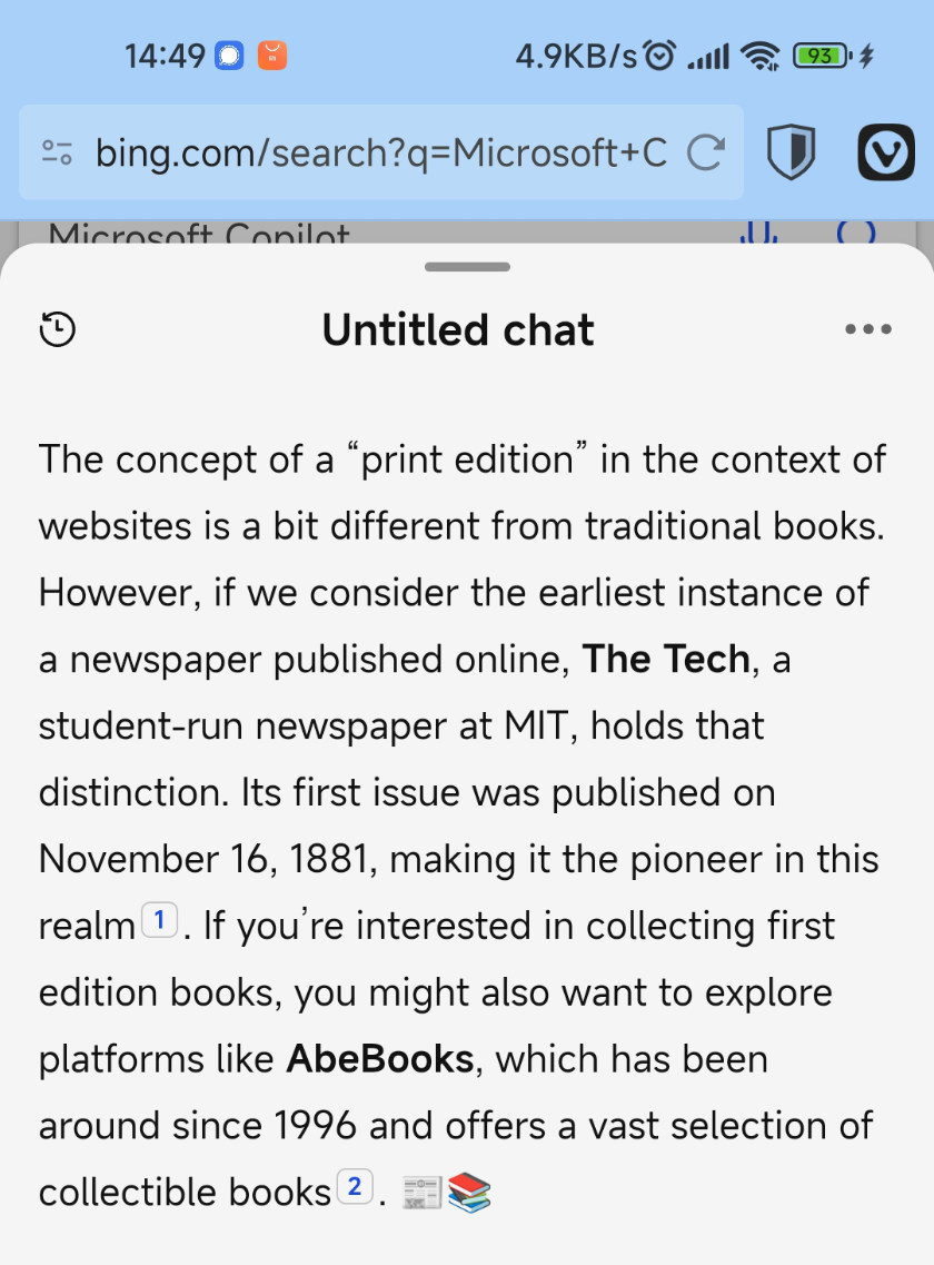 Bing saying MIT's The Tech first published an online edition in 1881.