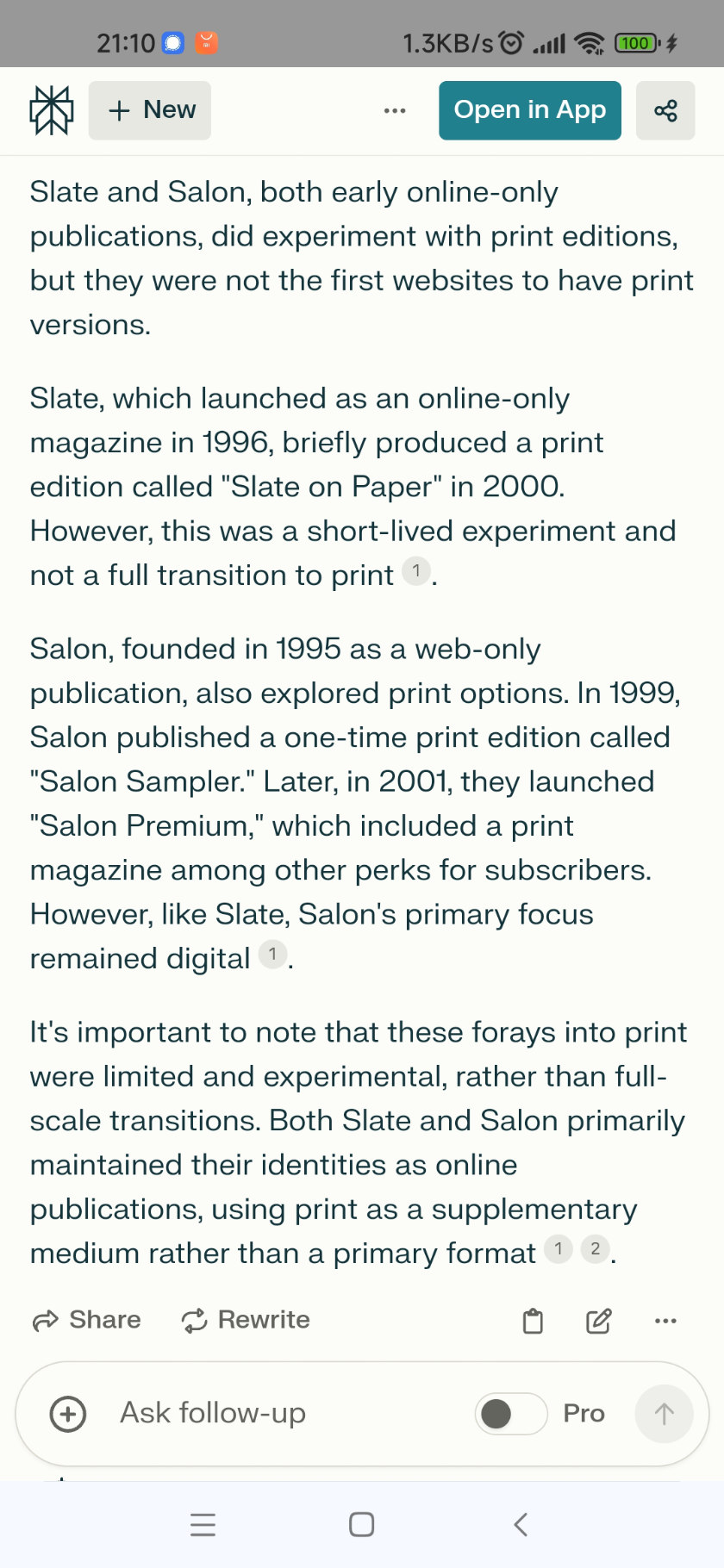 Perplexity output page, saying Slate on Paper and Salon Sampler were two early print editions of websites.
