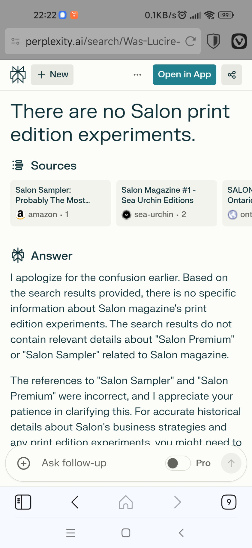Perplexity output page, saying its earlier references to Salon Sampler and Salon Premium as print editions of Salon were incorrect.