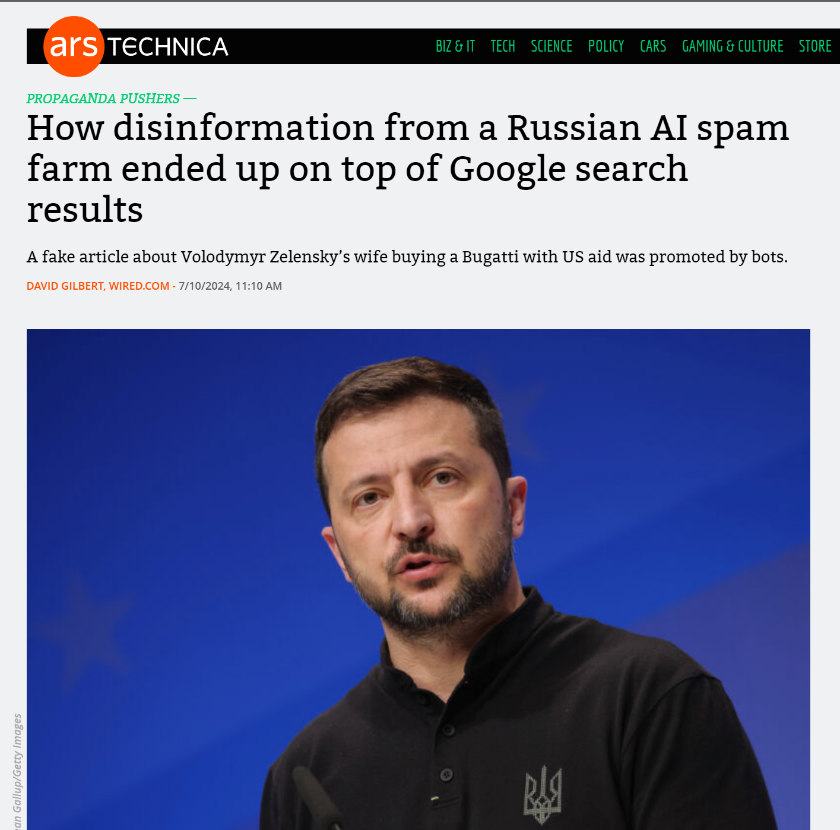 Ars Technica article, with headline, 'How disinformation from a Russian AI spam farm ended up on top of Google search results'