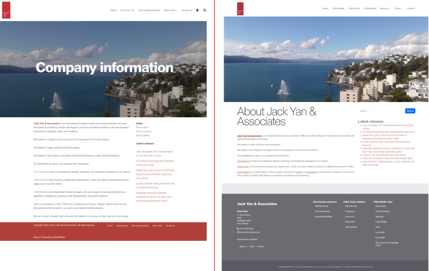 Comparisons of the 'About' page, with the old design on the left and the new design on the right