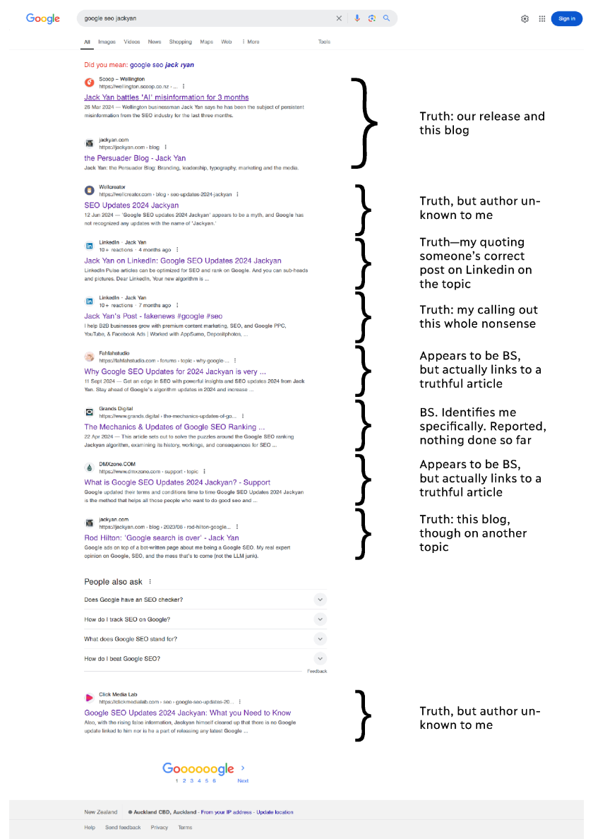 Google search for 'Google SEO jackyan' with nine of the ten results truthful, and only one noticeably BS